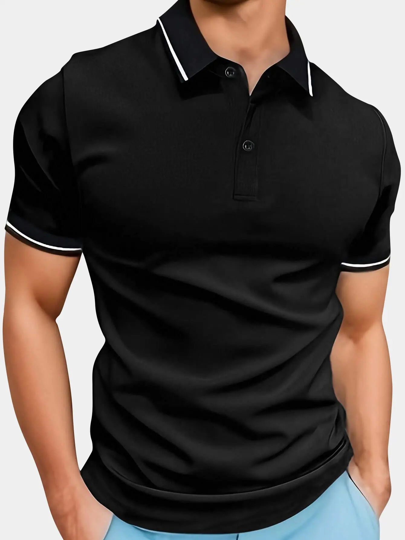 Men's Short Sleeve Polo Shirt, Lightweight Solid Color Contrast Trim Collared Top, Slim Fit Business Casual Golf Tennis Shirt for Work and Daily Wear