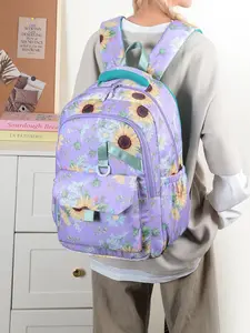 1pc  Women's portable backpack with zipper closure and daisy print, fashionable and versatile, personalized and trendy, suitable for students to go to school, campus, commuting, large capacity women's backpack