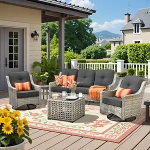 [4 packages delivery] 5 Piece Outdoor Patio Furniture with 3 Seat Sofa,Rattan Wicker Coversation Set with Swivel Rocking Chair,Balcony Sofa Set with Shiny Table & Coffee Table for Outside Porch Backyard Pool