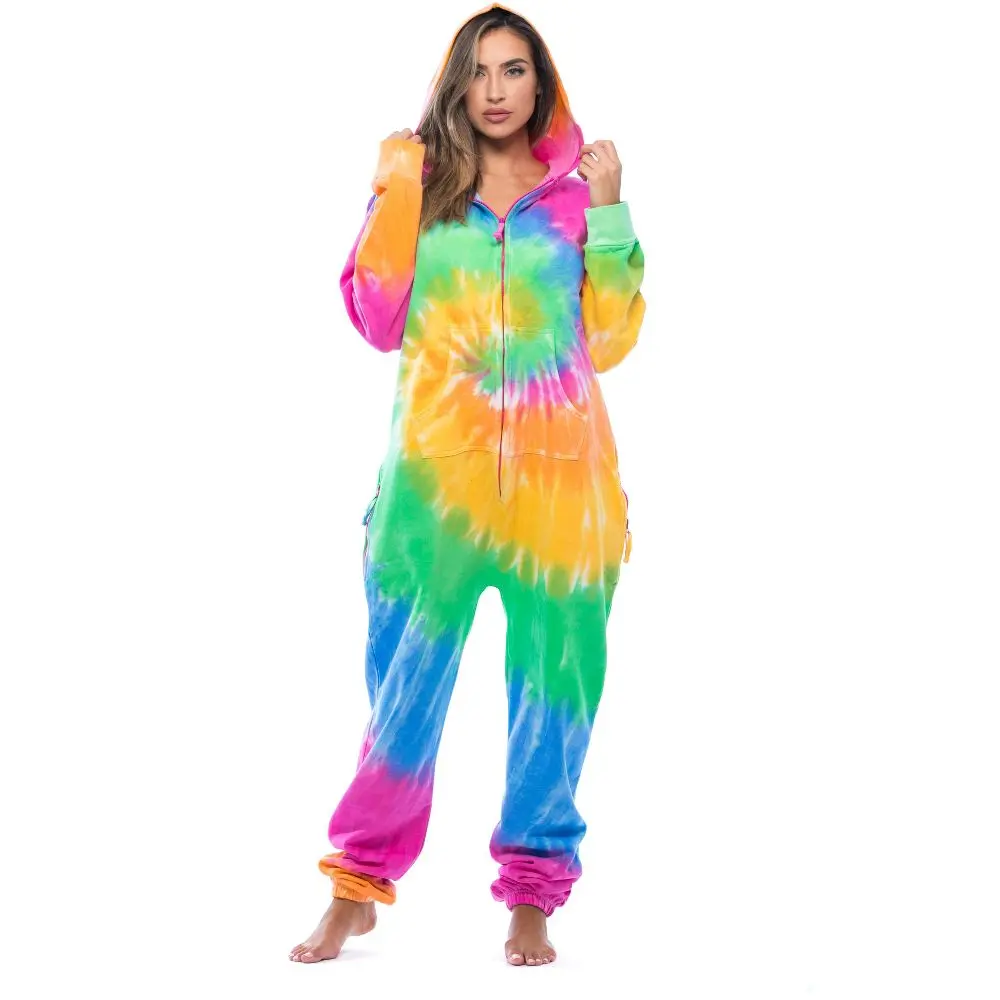 #followme Women's One Piece Tie Dye Adult Bodysuit Fleece Hoody Pajamas 6439-NEW-MULTI-S