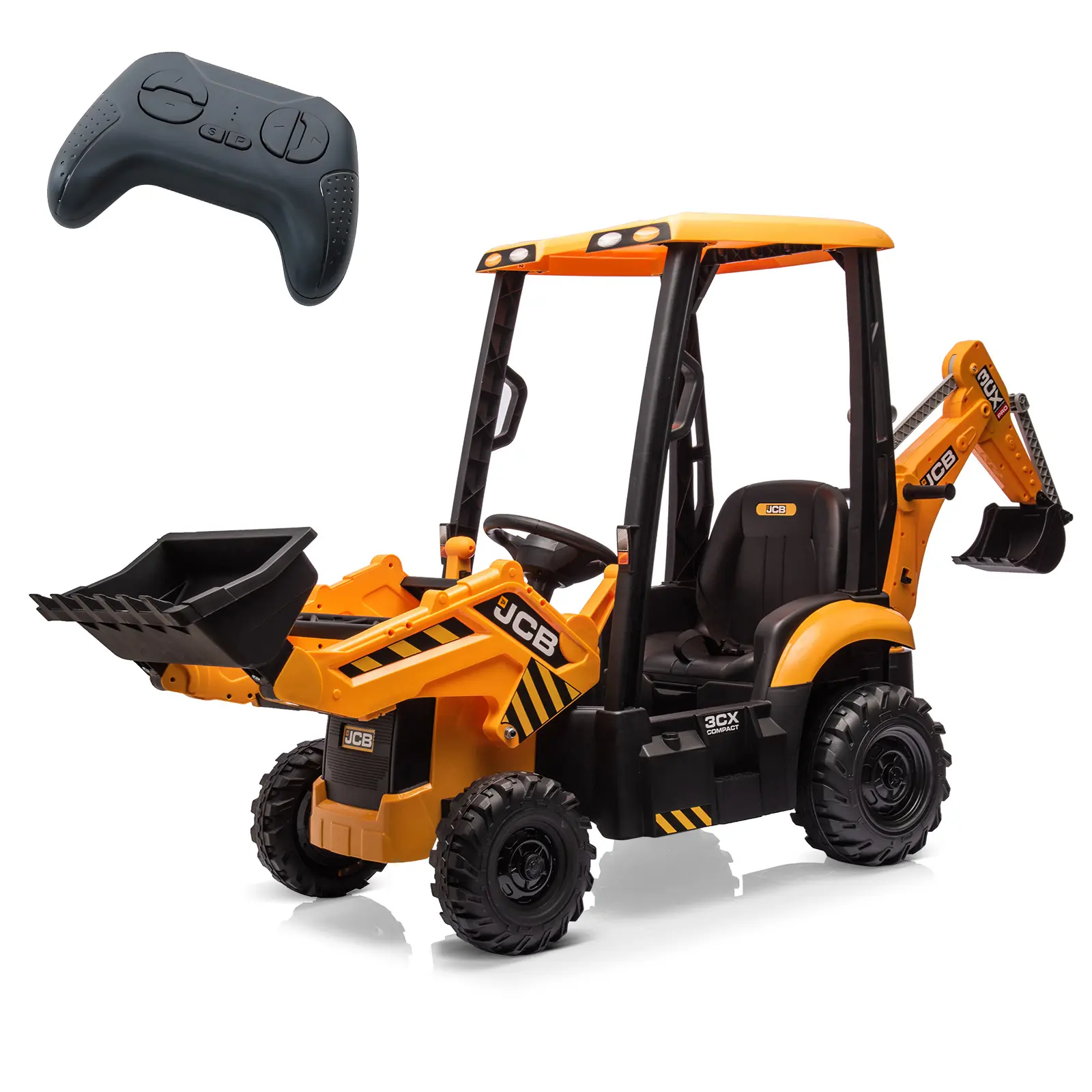 12V JCB Licensed 4-in-1 Kids Construction Ride-On Excavator Bulldozer, Rechargeable Electric Digger with Remote Control, Front Loader, Tent, Adjustable Seat, Seatbelt, Multi-Mode