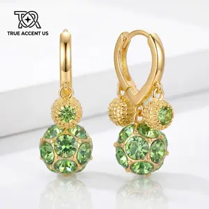 Elegant Green Rhinestone Ball Dangle Earrings, Textured Gold Bead Drop Jewelry Accessories