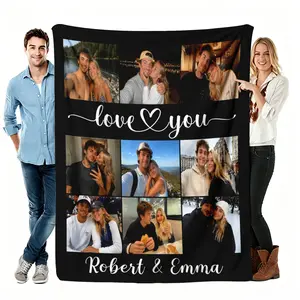 Love You Custom Photo Throw Blanket, Couple Collage Flannel Blanket, Soft Cozy Warm Throw, Personalized Name Date Design, Anniversary Valentine's Gift for Him Her, Romantic Black Bedroom Couch Decor