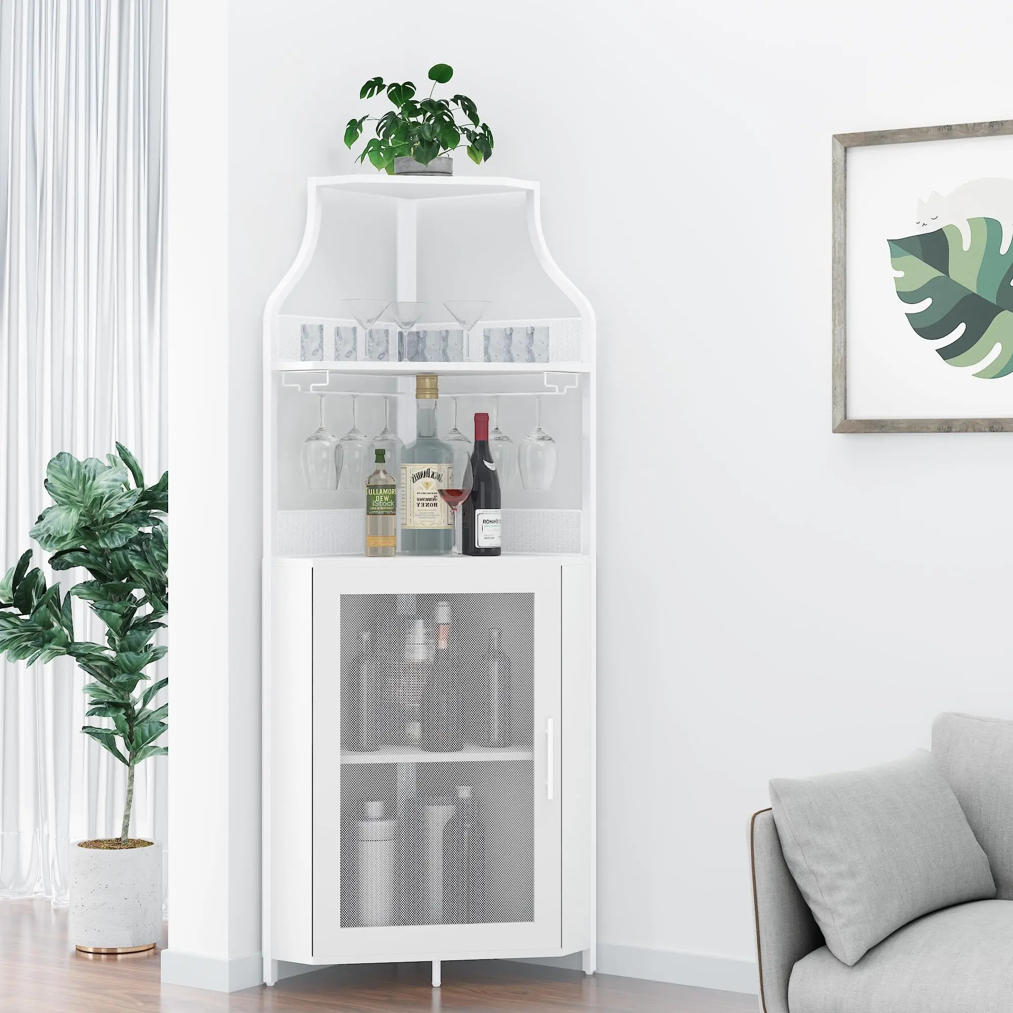 【GARVEE】Industrial Corner Wine Cabinet, Removable Rack & Glass Holder - White