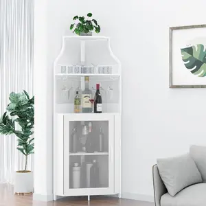 GARVEE Industrial Corner Wine Cabinet, Removable Rack & Glass Holder - White