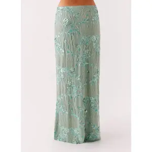 Women’s sequined long dress, sparkling rhinestone floral long dress, high-waisted design, sparkling midi skirt, suitable for going out