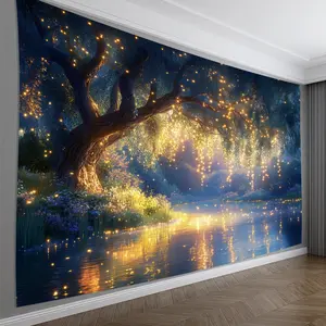 [Forest Stream Tapestry] 3D Forest Stream Backdrop Tapestry - Enchanting Polyester Wall Hanging with Glowing Tree & Reflective Water Design - Easy to Install, Durable, Soft Peach Skin Fabric, Ideal Creative Gift, Forest Deco for Living Room, Bedroom, Offi