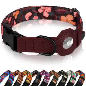 AirTag Dog Collar with Metal Buckle - Soft Leather Printed Nylon Dog Collar with Apple AirTag Holder - Cute Tracking GPS Pet Collars for Girl Boy Small Large Dogs