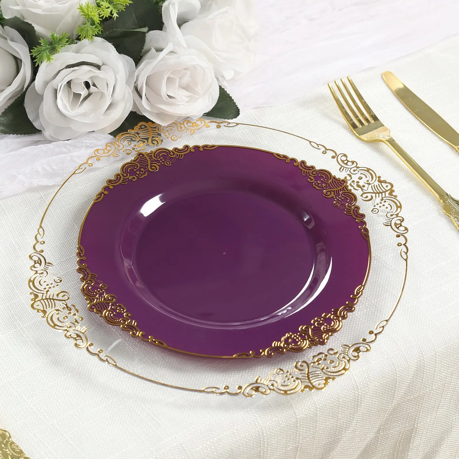 10-Pack Disposable Baroque Vintage Plastic 10 in Round Dinner Plates - Purple with Gold Leaf Embossed Spill-Proof Rim, for Wedding Party Home Festive Supplies