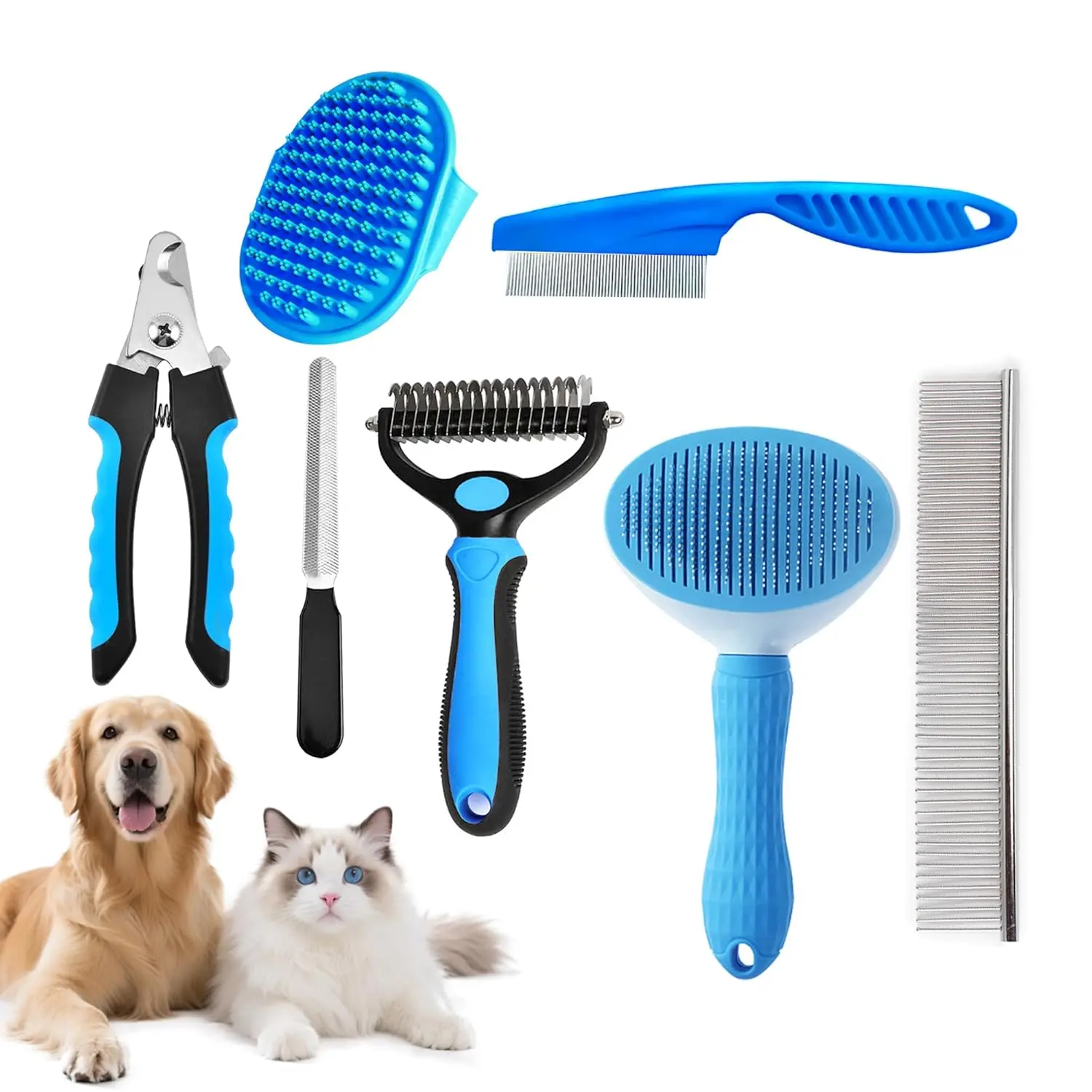 7-in-1 Premium Materials Dog Grooming Brush Kit – Self-Cleaning Slicker Brush, Undercoat Rake, Flea Comb for Long-Haired Dogs, Removes Mats, Tangle-Free, Blue, Purr-Fect Gift