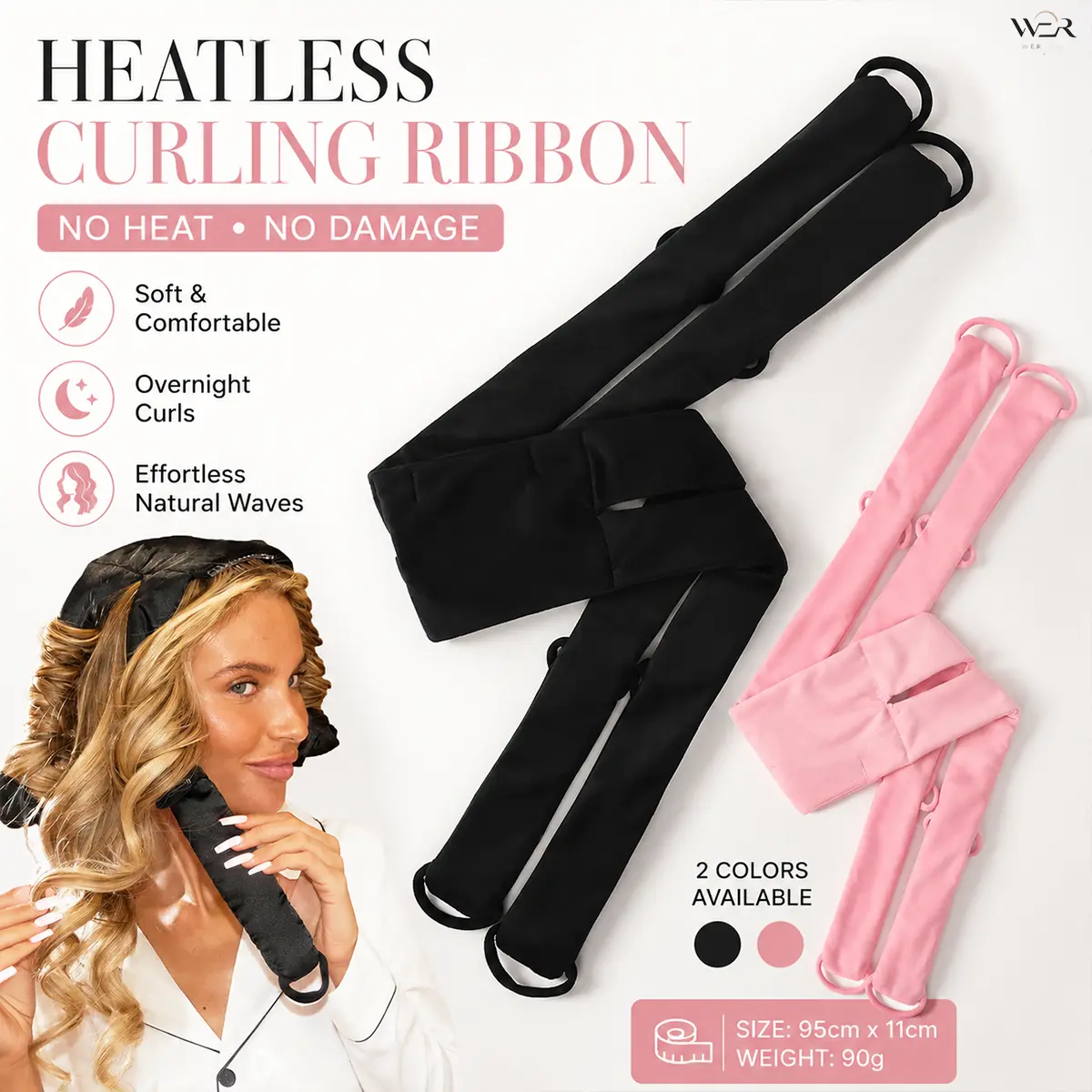 Heatless Curling Ribbon - Soft Padded Fabric Hair Roller for Overnight Curls Without Heat Damage, Comfortable for Girls, Ideal for Daily Outfits & Special Occasions, 95x11 cm, Creates Feminine Look, Women, Curling Enthusiasts