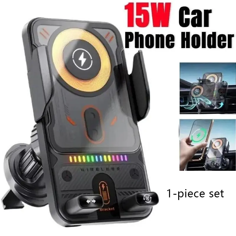 Wireless car charger mount, automatic air vent clip, stable and quiet shockproof design, fast charging, 90-degree rotation, compatible with both landscape and portrait modes, compatible with all smartphones