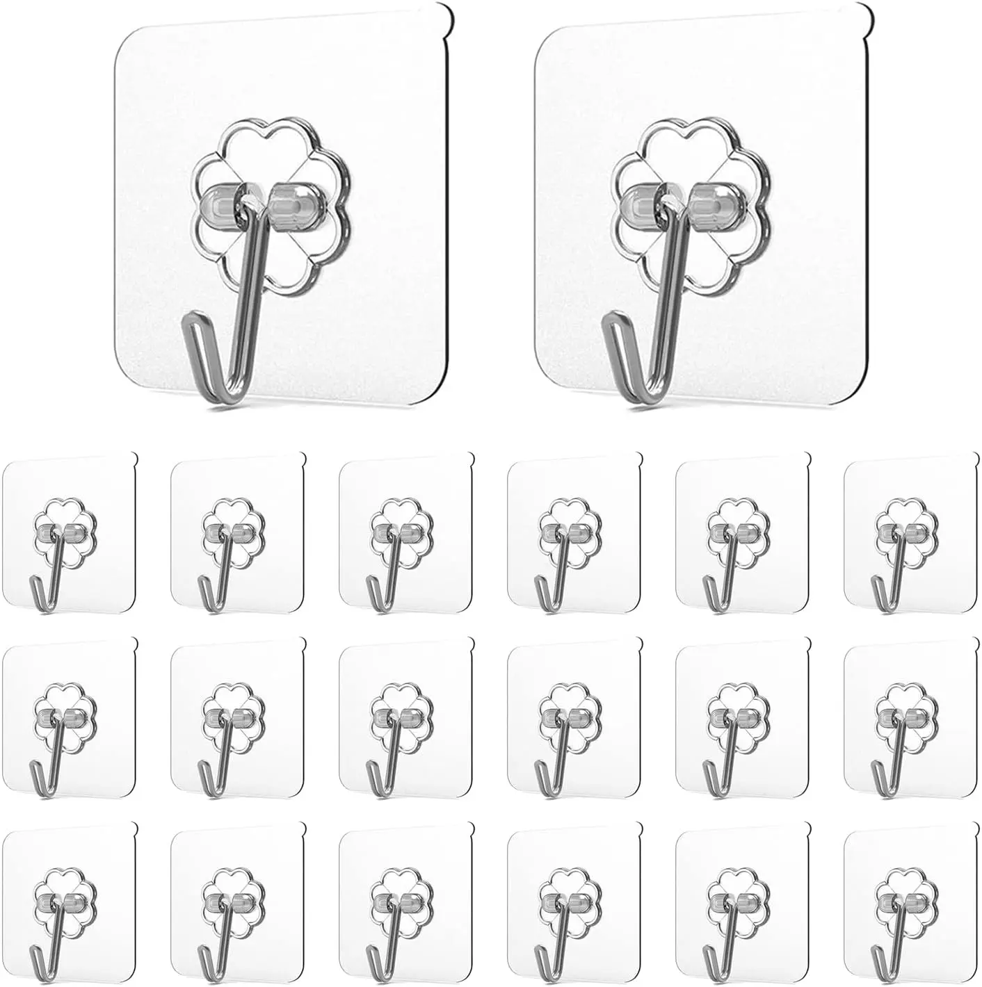 20 Pack Adhesive Hooks for Hanging, Heavy Duty Wall Hooks , Transparent Self Adhesive Shower Hooks, Water & Oil Proof Strong 22lb(Max) Door Coat Hooks