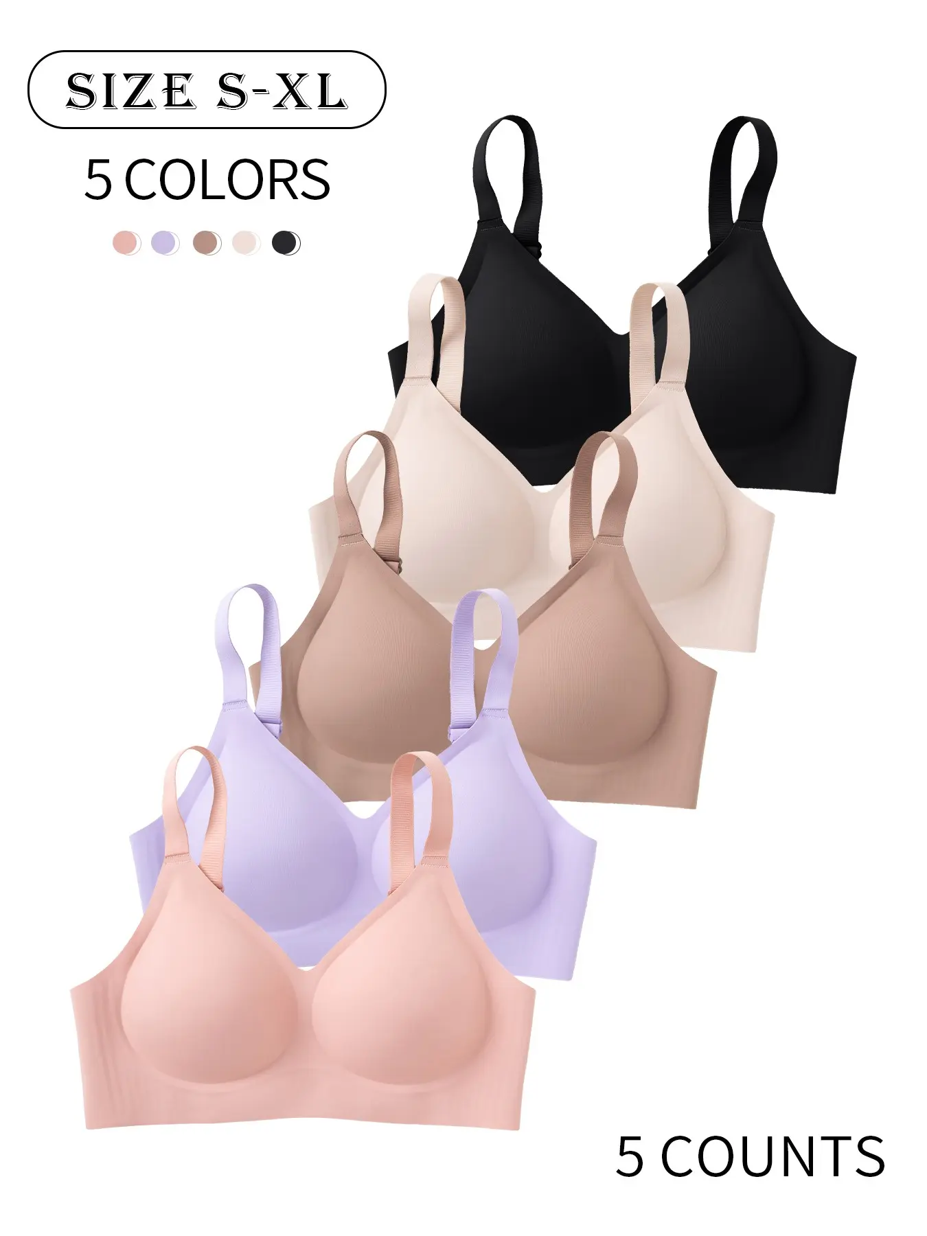 5 Pack / 5 colors Seamless jelly ladies' daily wear bra Comfortable, skin-friendly, sexy, Minimalist Adjustable straps with hook-and-eye closure Supportive and gathering type Yoga sports back wireless women's bra Wireless Underwear Bras Wirefree Bras