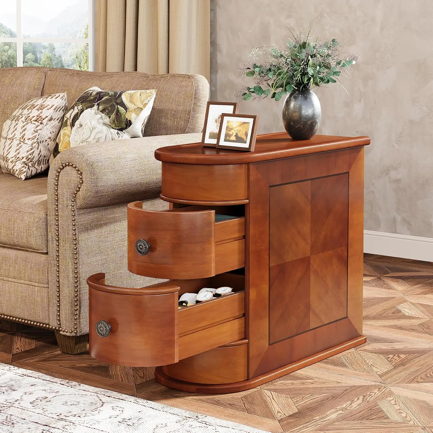 Tribesigns End Table with 2 Drawers, Sofa Side Table with Storage, No Assembly Required, Closed Back, Slim Nightstand Vintage Wood Chairside Bedside Narrow Accent Table for Living Room Bedroom, Brown