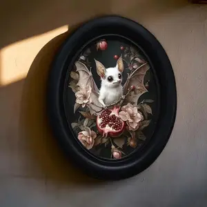 Gothic Wooden Oval Frame with Cute Bat Design, Hand-Printed Photo Frame for Home Office Wall Decor, Perfect Room Decoration, Easy to Hang
