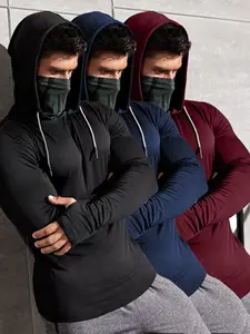 Men's Solid Color Thumb Hole Design Sports Tee, Casual Long Sleeve Stand Collar T-shirt with Mask & Gloves, Men's Sportswear for Indoor Outdoor Wear, Athletic Workout Clothing