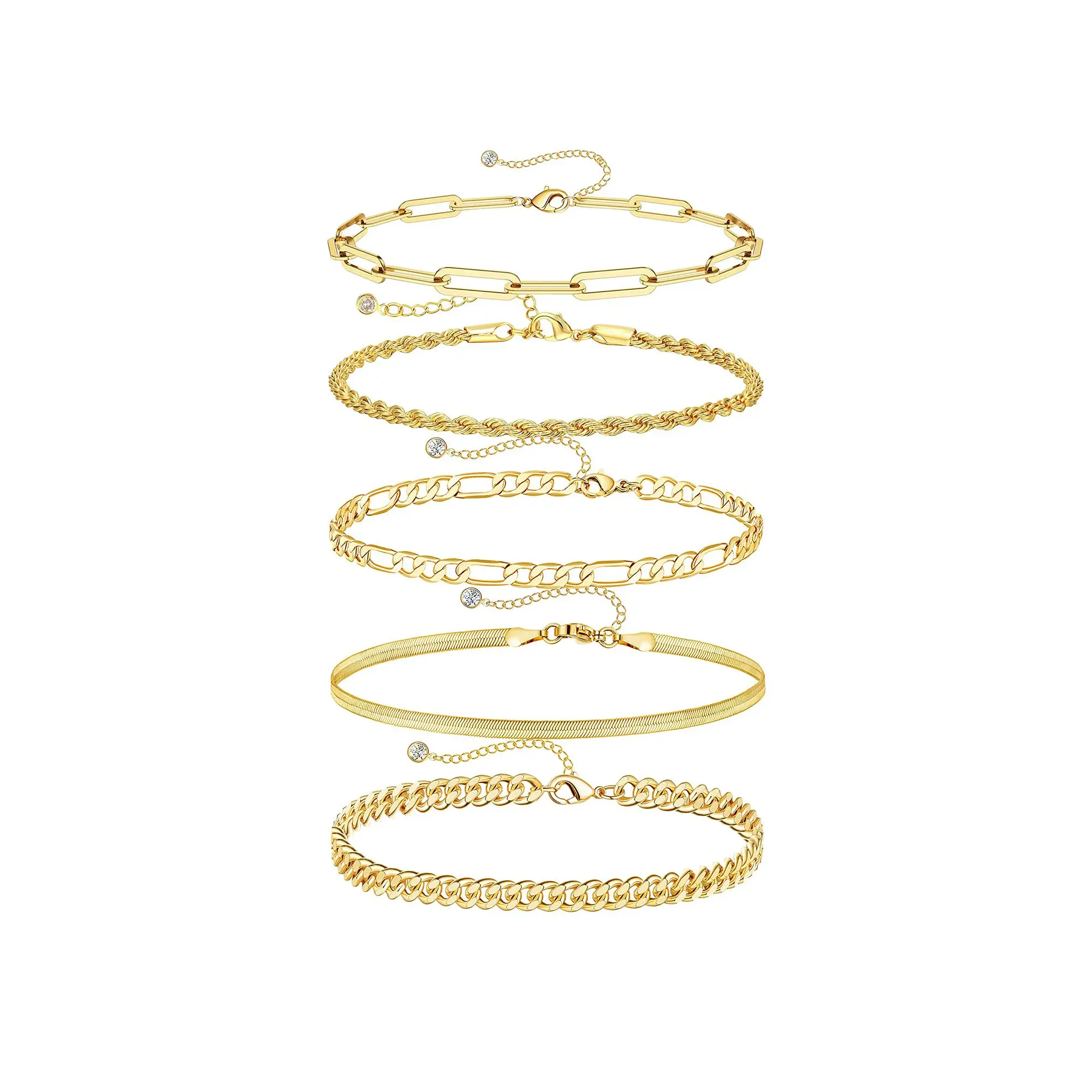 Tewiky 14K Gold Plated Copper Bracelets for Women Waterproof, 14K Gold Jewelry Sets for Women Trendy Thin Dainty Stackable Cuban Link Paperclip Chain Bracelet Pack Fashion Accessories Gifts for Womens For Mother's Day gifts