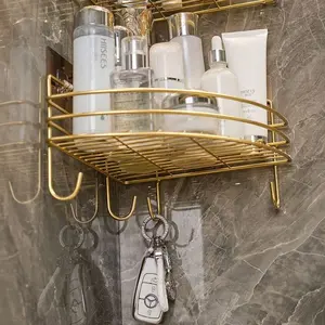Drill-Free Gold Corner Shower Caddy | Rust-Proof Metal | 2-Tier Storage with Hooks | Luxury Bathroom Organizer | Ideal for Shower, Sink & Vanity | Bathroom Essentials Accessories | Bathroom Accessory | #GoldShowerCaddy #NoDrill #BathroomDecor