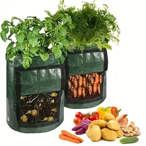 2Pcs Potato Planting Bag with Observation Hole, Potato Grow Bag, PE Material, Indoor/Outdoor Planting Bag, Reusable, Plant Container for Potato, Mushrooms, Tomatoes & Vegetables, Green, 7/10 Gallons