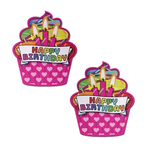 Pastease - Nipple Cover Pasties, Adhesive Bra, Breast Tape - Cupcake: Pink & Multi-Color Happy Birthday - Celebration Aesthetic Outfit Accessory - Dimensions: 2.6” x 2.1” Diameter: 2.1 inches