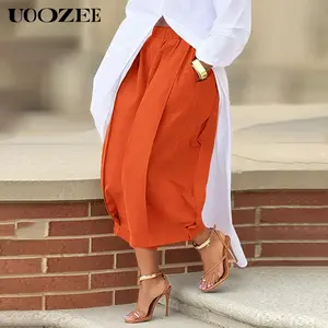 UOOZEE Women's Soft Casual Plain Loose-Fitting 100% Cotton Capri Pants - Elastic Waistband Lantern Trousers with Pockets, Summer Breathable Daily Versatile Bottoms (Waist Runs Large; Check Size Guide or Order 1 Size Down)
