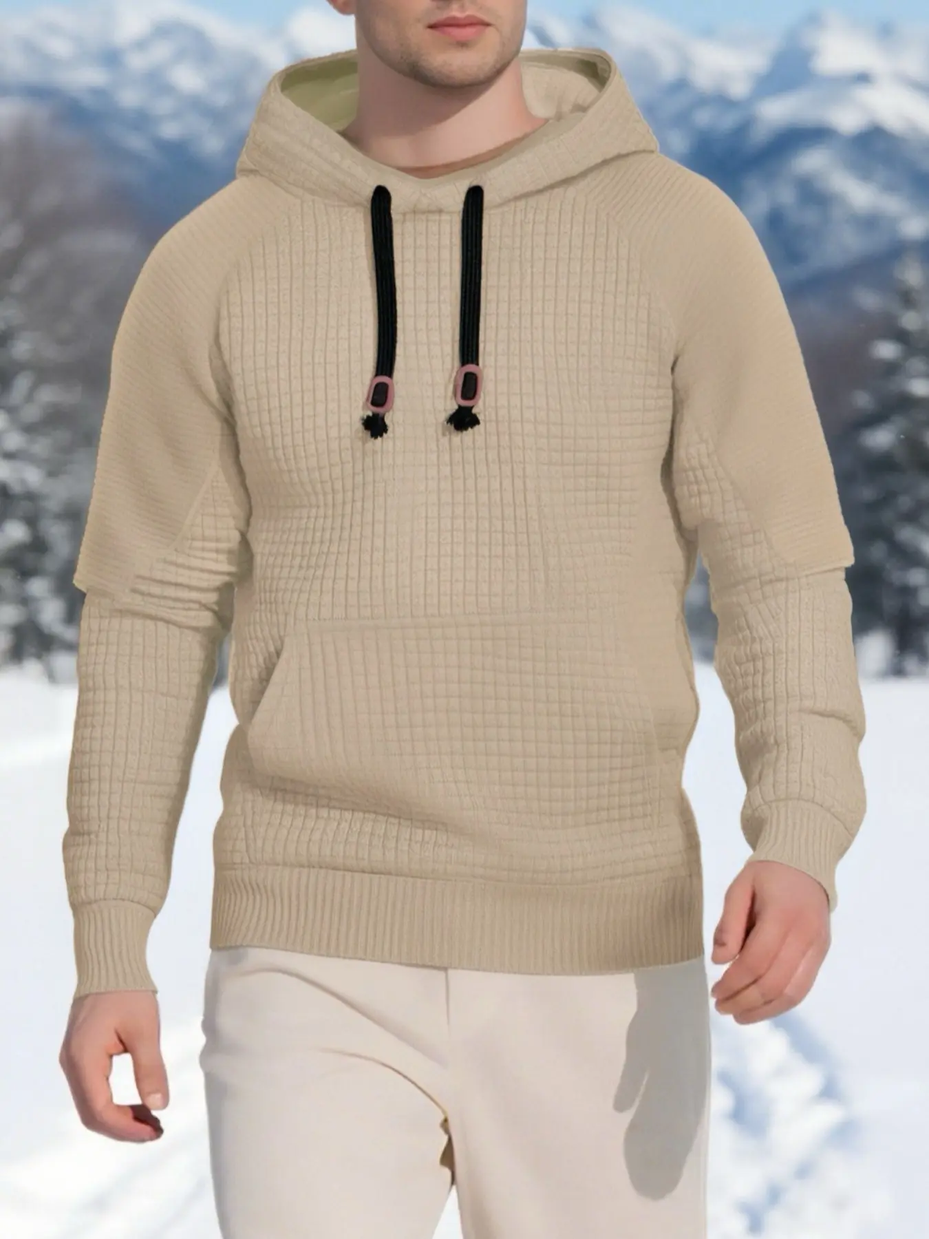 A men's solid color casual pullover jacquard knit sweatshirt, a men's plaid hooded sweatshirt with large Kangaroo pockets, Fitted, men's daily wear, men's hoodie, hooded sweatshirt