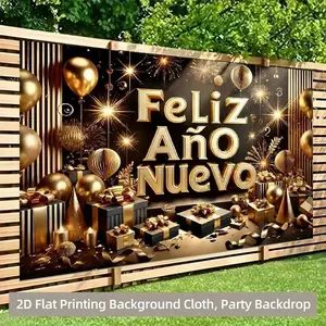 1pc 2D Flat Spanish Feliz Año Nuevo Vinyl Banner - Elegant Black-Golden Balloon Confetti Design, Durable Party Decoration for Weddings, Anniversaries