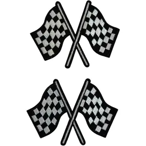 Checkered Racing Flag Iron On Patch – 3.5x2.5 Inch Embroidered Black and White Finish Line Patch for Jacket, Vest, Hat, or Backpack – Motorsport, Car, and Biker Style Patch
