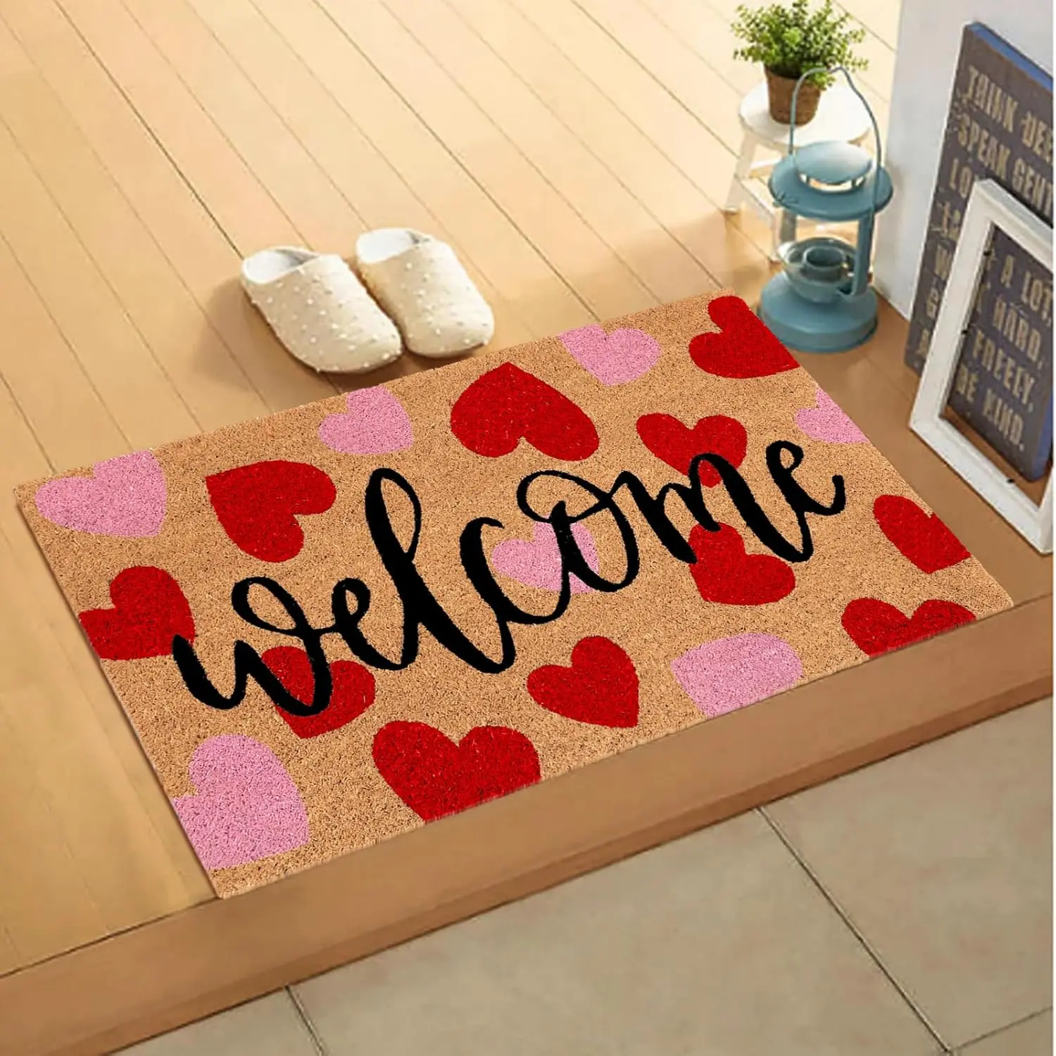 [Back to School] Valentine Doormat Red Love Heart Welcome Floor Mat Non-Slip Entrance Door Rugs for Indoor Outdoor Home Bathroom Decor Cushioned Soft