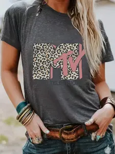 Women's Leopard Print Round Neck Graphic Tee, Vintage Trendy Casual Short Sleeve Fitted T-shirt for Daily Wear, Ladies Summer Outfit