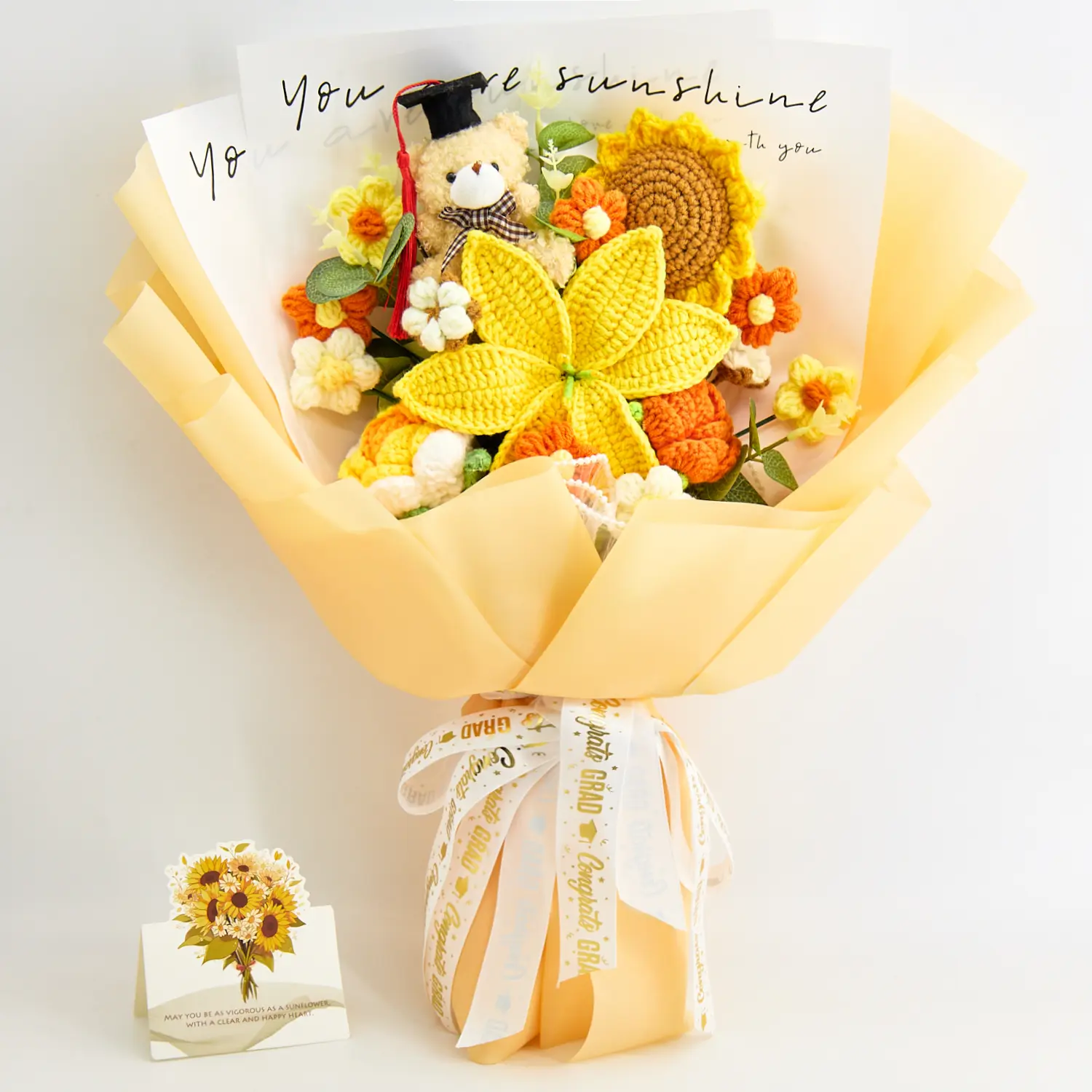 Graduation Gift, Graduation Bouquet, Handmade Crochet Flower Bouquet with Bear Wearing Graduation Cap, Lily, Rose & Sunflower, Gift for Her Girlfriend, Gift for Him Boyfriend, Friend, Includes Card, Pink, Yellow & Blue, 14 Flowers, Eco-Friendly