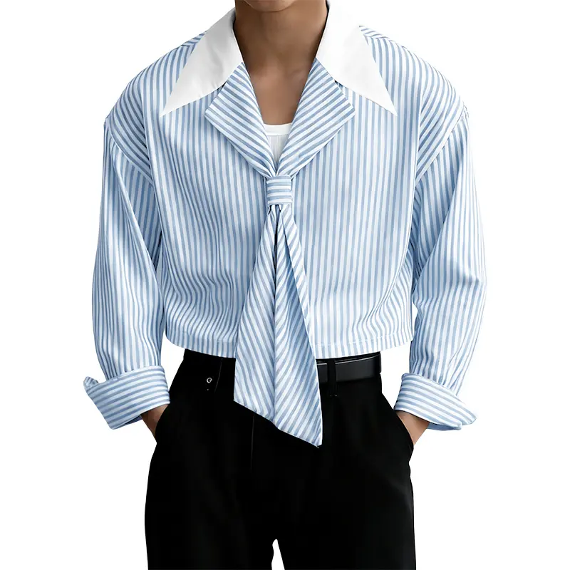 INCERUN Men's Preppy Striped Cropped Shirt, Soft Oversize Long Sleeve with Sailor Collar and Tie-Front, Elevated Basics for Holiday, Menswear, Casual Outings Shirt, Mensfashion, Cropped Top, Polyester