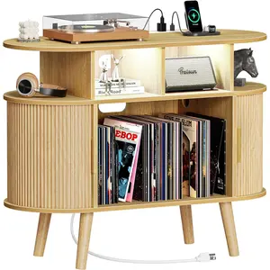 35.4 Inch Record Player Stand with Power Outlets & 3-Color Lights, Vinyl Record Stand with 2 Fluted Cabinets, USB-C Port, Mid Century Modern Player Stand, Open Storage, Natural