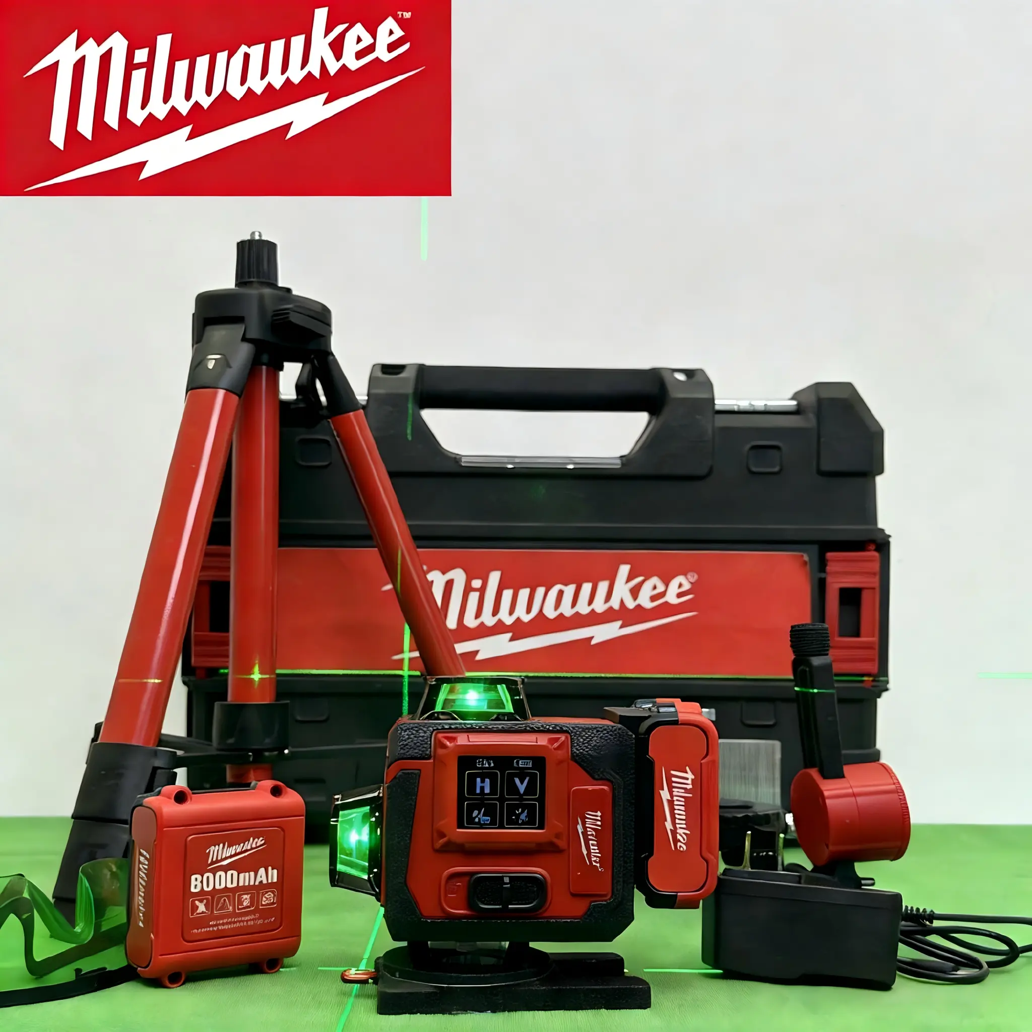 Milwaukee Tool 360° Coverage 4x16 Green Beam Auto Self-Leveling Line Laser Level for Construction, Tile Installation, Beginner-Friendly Renovation Work, IP54 Waterproof, Long-Lasting Batteries, 4–5 Hours
