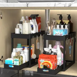 Under Sink Organizer 2 Pack, Bathroom Cabinet Organizer, 2 Tier Sliding Cabinet Basket Organizer Drawer, Multi-Purpose Bath Collection Baskets For Bathroom Under Counter Storage Organizer With 8 Hooks
