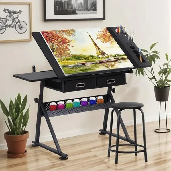 Zenstyle Drafting Drawing Table Tiltable Tabletop Workstation Adjustable Height w/Stool, Arts And Crafts, 12.4 X 18.8 X 3.9", 34" X 23.62" X 0.7"