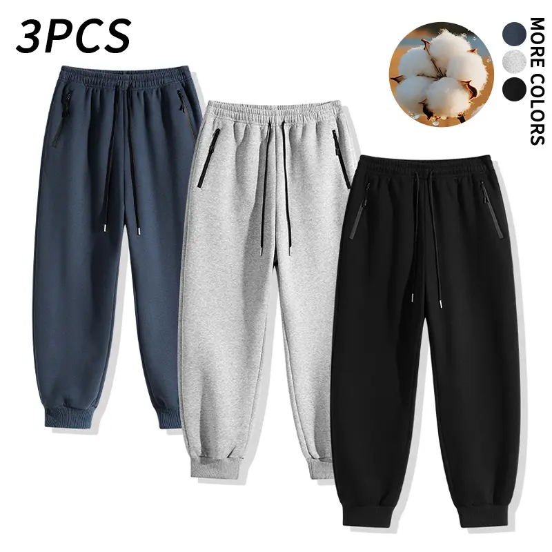 3 pcs cotton sweatpants for men and women, autumn/winter joggers with drawstring elastic waist, zip pockets, cuffed sports workout pants