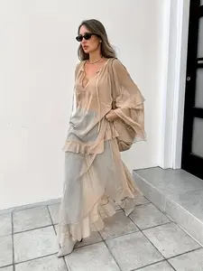 Women's Y2k Maxi Dress Stylish Ruffled Trim Solid Color Long Dress Deep V Neck Long Sleeve Tie Front Chiffon Sheer Dress Loose Fit See Through Flowy Cover Dress Summer  Fall Casual Dress Beachwear Daily Clothes Streetwear Aesthetic Clothes
