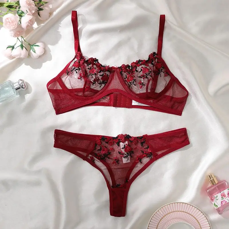 AESKEIA Sexy Lingerie Set for Women, 2-Piece Cute Romantic Mesh With Floral Embroidery, Underwire Bra And Panty Sets, lingerie Set, Fairy, Fabric, Lingerie For Women