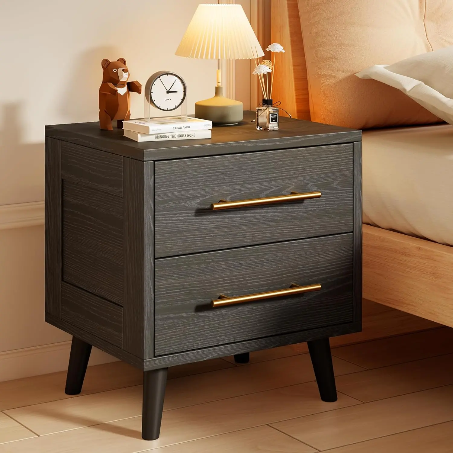 GIZOON Nightstand - Modern Wood Drawer-Equipped Dual-Use Flat-Top Bedside Table with Metal Handles, 2-Drawer Storage for Bedroom, Black, Drawer-Equipped Bedside Tables