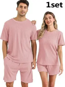 Couple Sleepwear Set, Pajamas, Men's Plain Round Neck Short Sleeve Shorts, Women's Casual Loose Fit Home Clothing, Loungewear, All Seasons