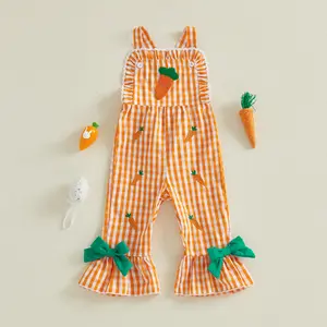 Toddler Baby Little Girls Easter Flare Pants Overalls Plaid Print Bunny Embroidery Sleeveless Bell Bottom Romper 6M-4T
