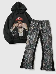 Men's  Street Style Graphic Print Drawstring Hoodie & Camo Tree Branches Print Drawstring Waist Sweatpants Two-piece Set, Regular Fit Casual Drop Shoulder Long Sleeve Hooded Sweatshirt & Pocket Flare Leg Trousers for Spring & Fall