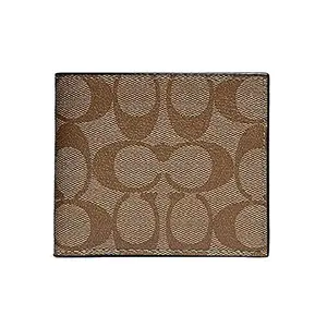 COACH Billfold Wallet in Khaki with Leather, PVC, and Canvas, Compact Foldable Design for Men, Multiple Card Slots