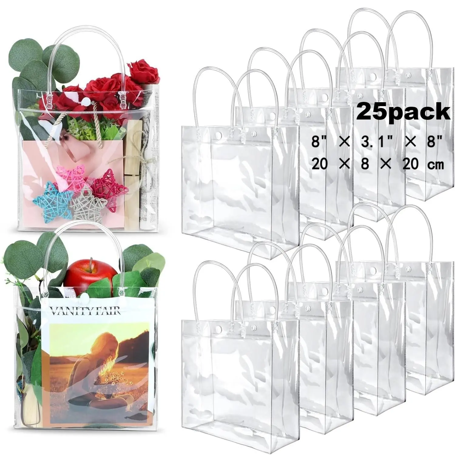 25PCS Clear Gift Bags with Handles, 8x3.1x8in Transparent PVC Shopping Bags for Party & Gifts