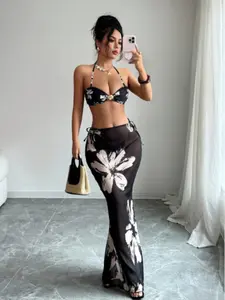 Women's Summer Vacation Print Halter Top, Triangle Bikini Bottoms, Long Dress Set, Casual Beach Pool Party Fashion Swimsuit