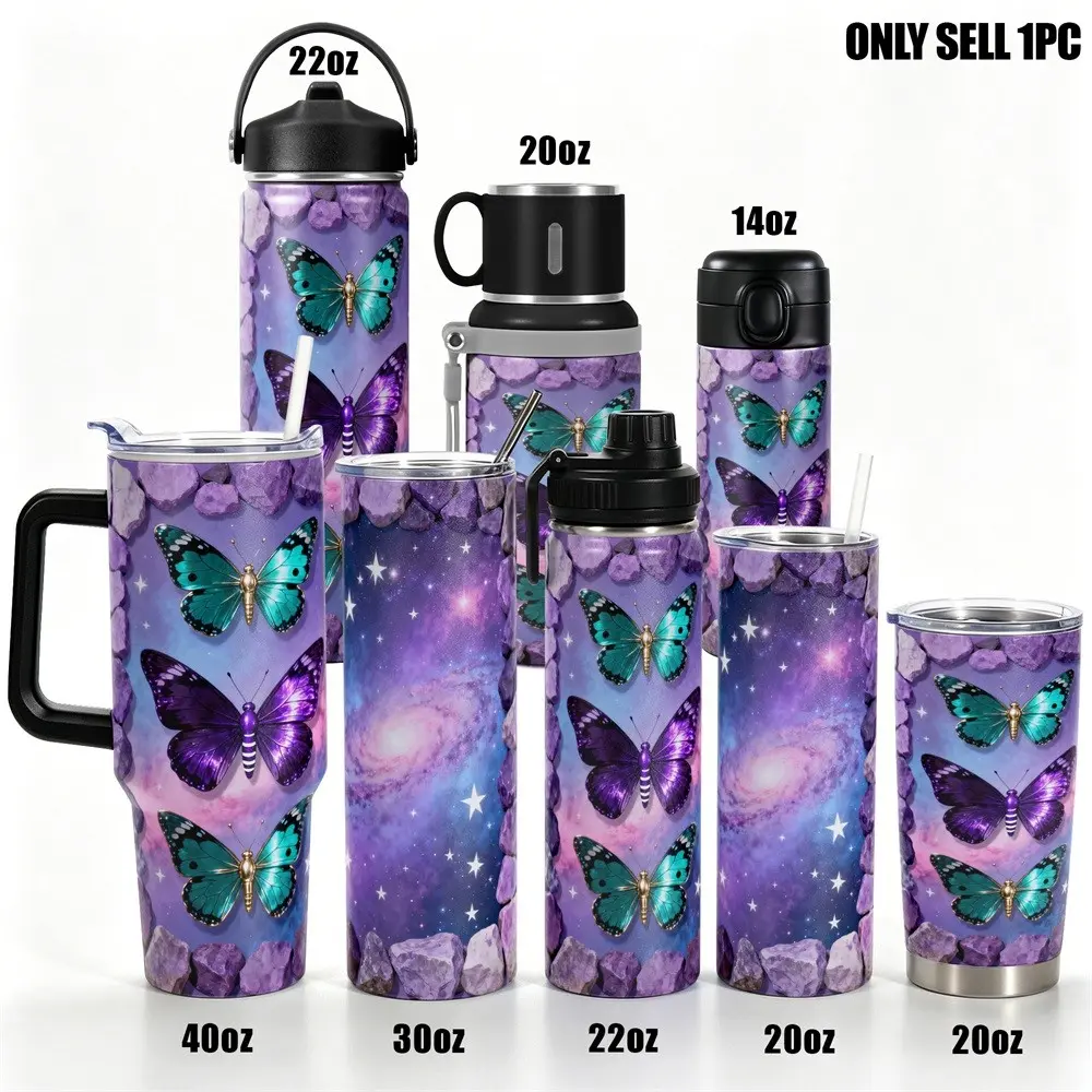 1pc Stainless Steel Cup 40oz/30oz Water Bottle, Insulated Water Bottles, Stainless Steel Tumbler, Vacuum Insulated Tumbler, Drinkware, Galaxy Butterfly Design, Leakproof, Large Capacity, Gym, Hiking, Travel Ideal Birthday Christmas Gift