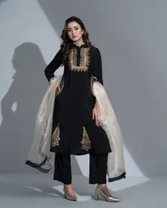 RegaliaX Black Silk 3-Piece Suit: Golden Block Print with Organza Dupatta