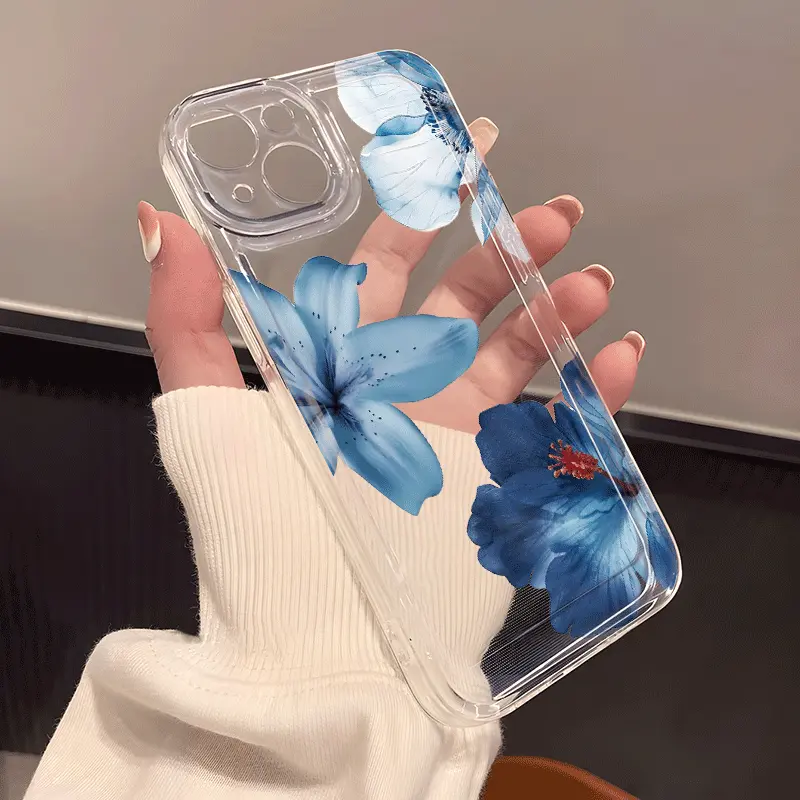 Fashionable and elegant blue lily transparent phone case, compatible with iPhone 17/16/15/14/13/12/11/X/XS/XS Max. With a graceful and gentle style, it makes a perfect holiday gift for friends, family, and yourself., Accessories, Smartphone, Cellphone,sum
